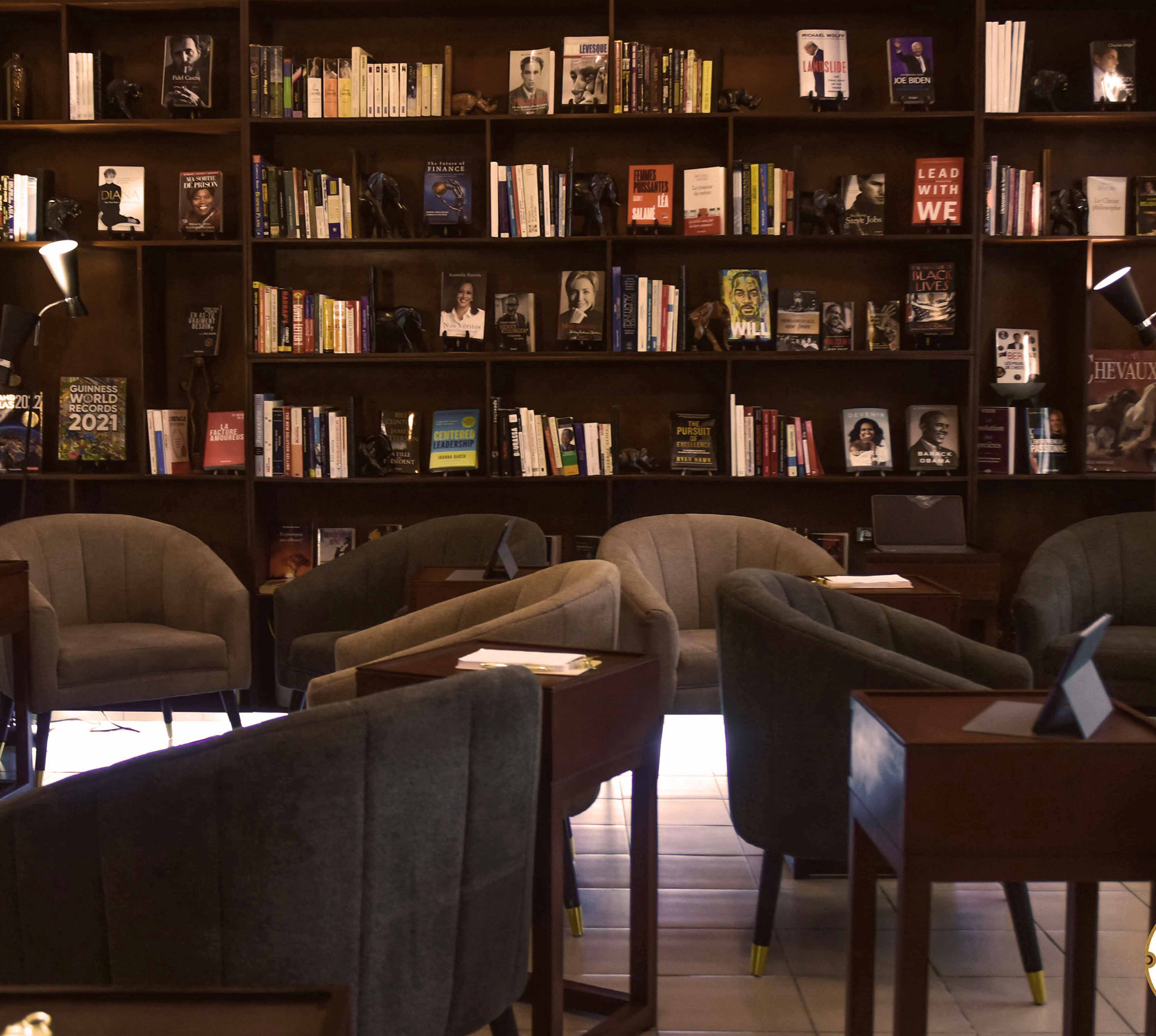 a room with shelves of books