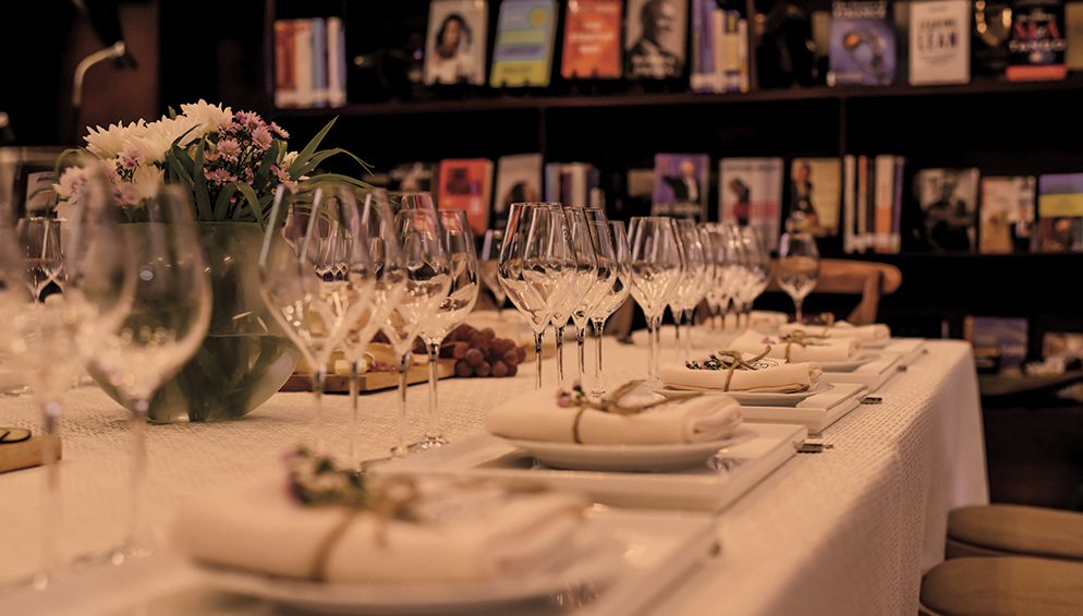 a table with plates and glasses